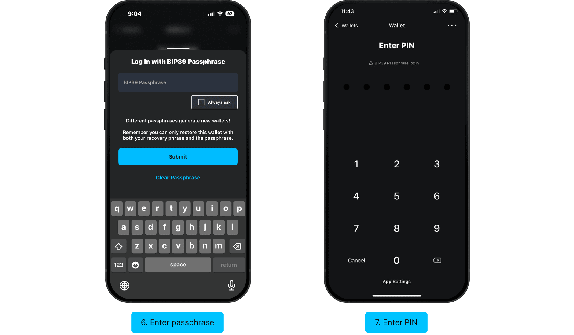 Log in with BIP39 passphrase: enter passphrase, enter PIN