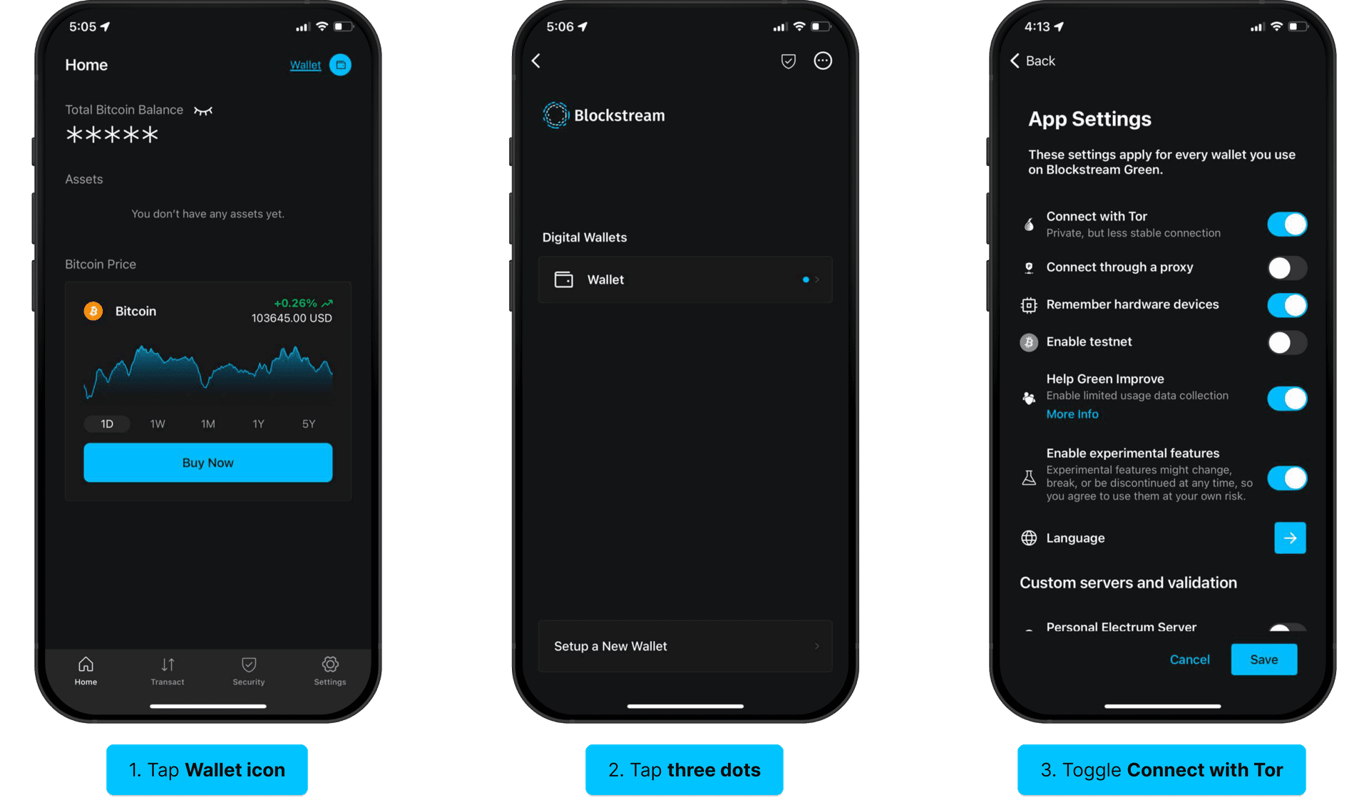 Connect to Tor: tap Wallet icon, open settings, toggle Tor