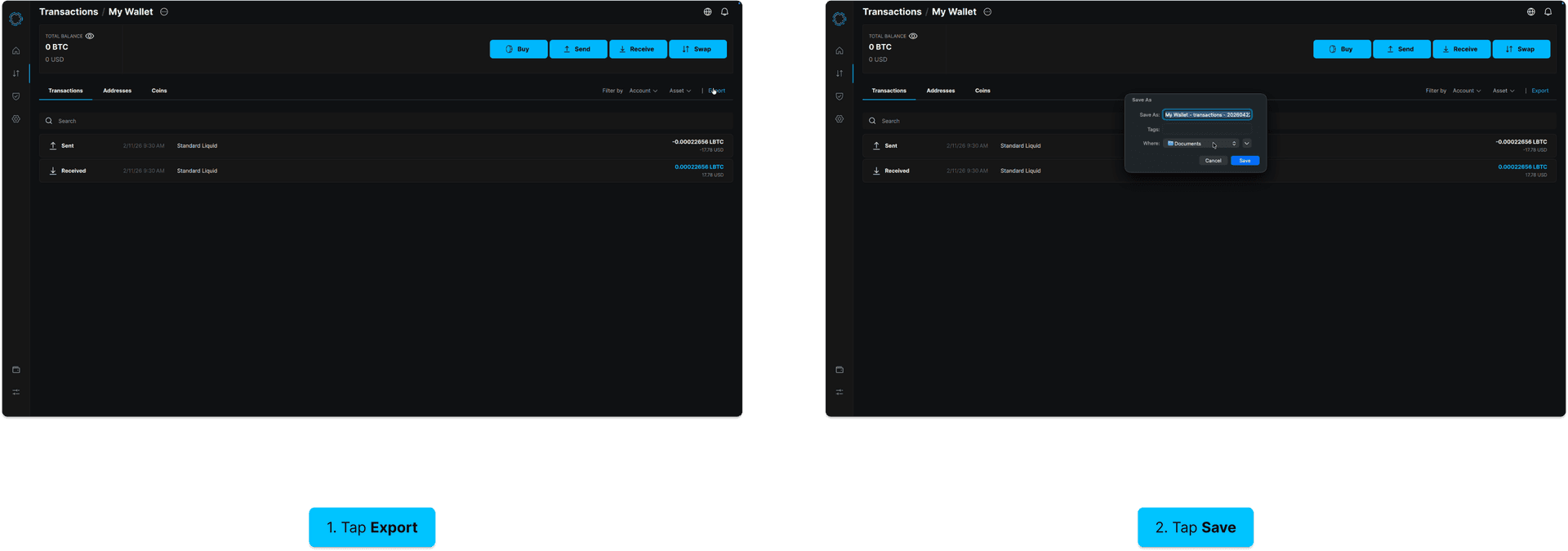 Export transactions on desktop: tap Export, tap Save