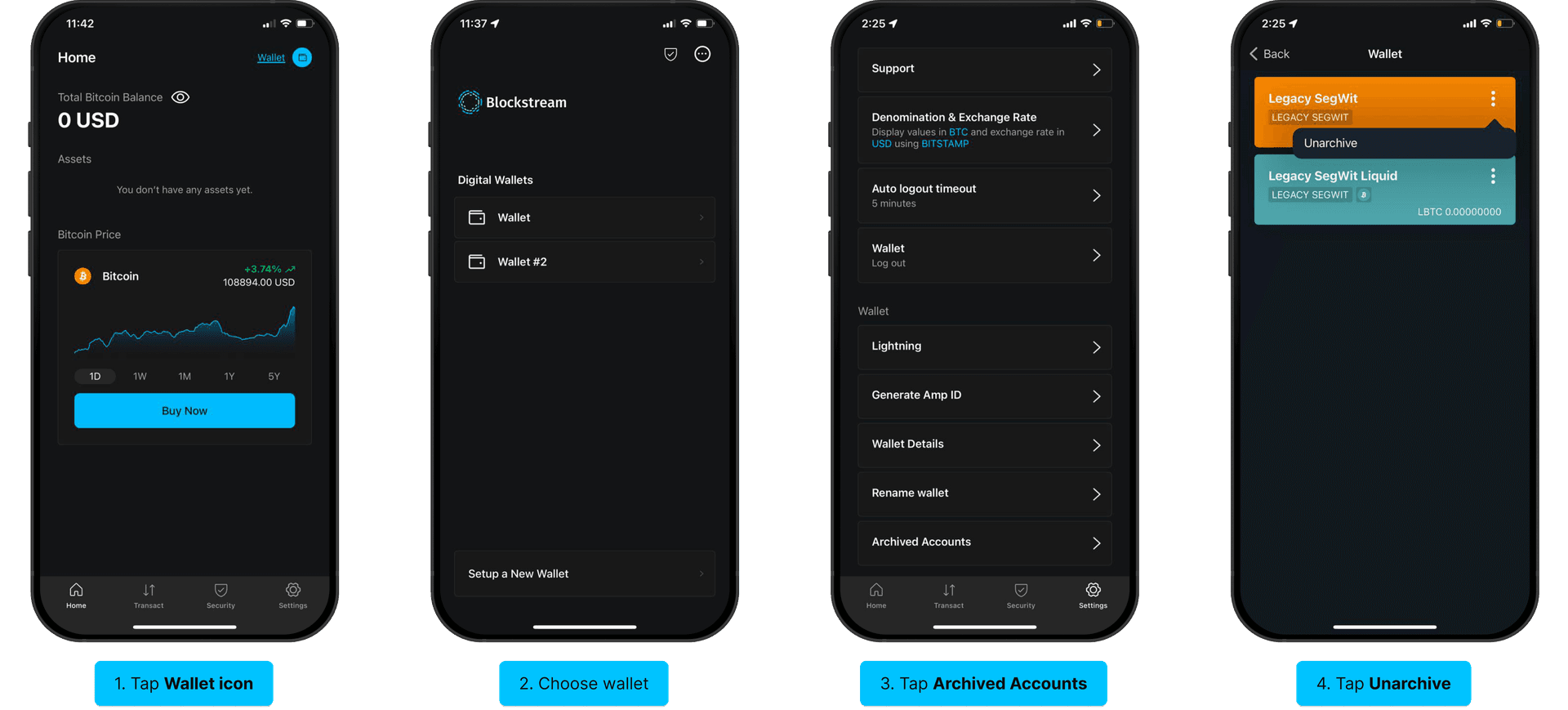 Find your funds: tap Wallet icon, choose wallet, tap Archived Accounts, tap Unarchive