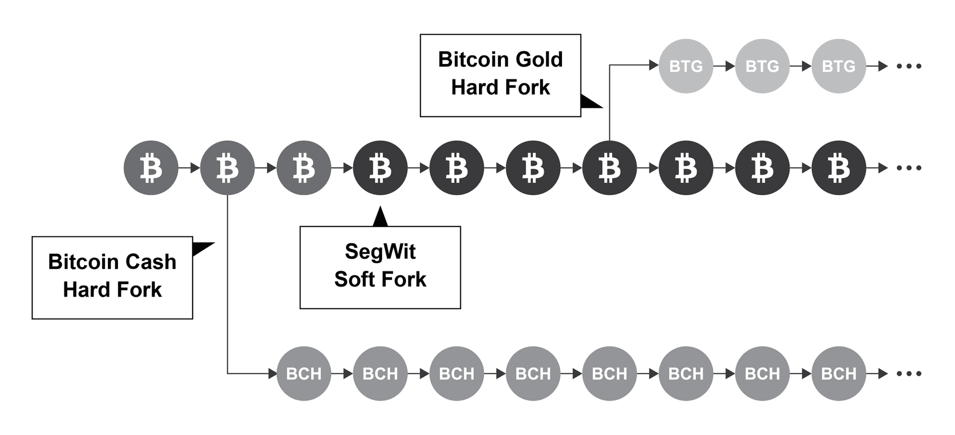 A Bitcoin blockchain with the SegWit soft fork continuing on the main chain, and the Bitcoin Cash and Bitcoin Gold hard forks branching away into separate chains