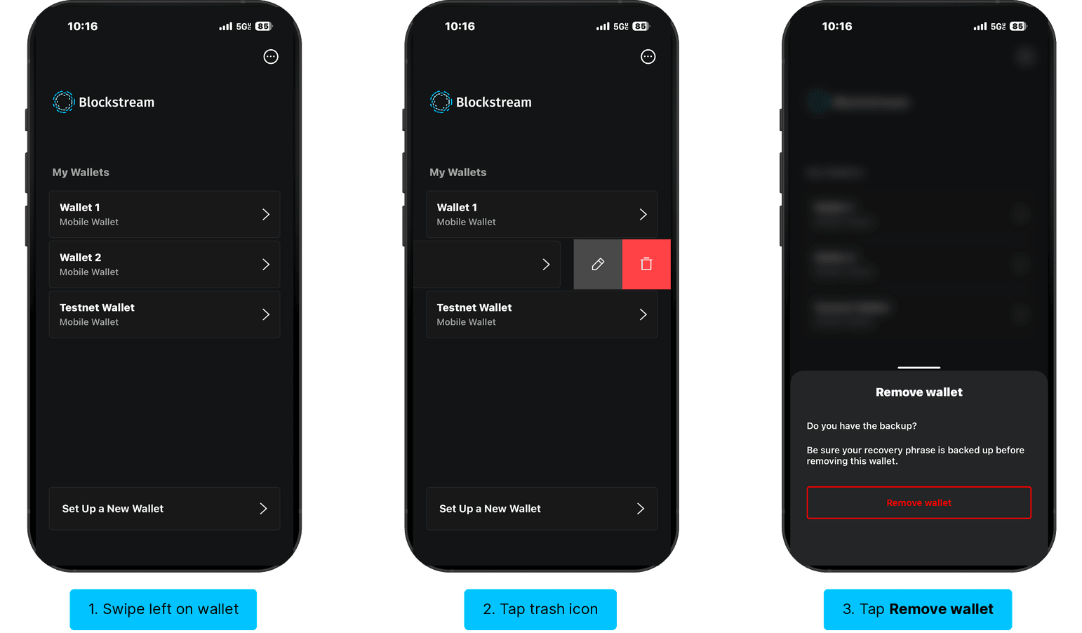 Remove a wallet on iOS: swipe left on the wallet, tap the trash icon, then confirm Remove wallet