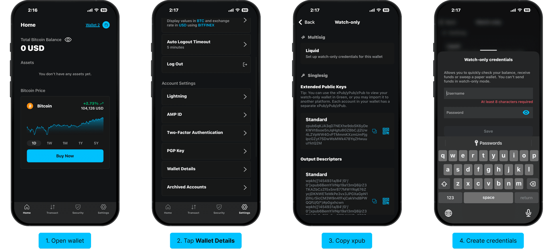 Set up watch-only on iOS: open wallet, Wallet Details, copy xpub, create credentials