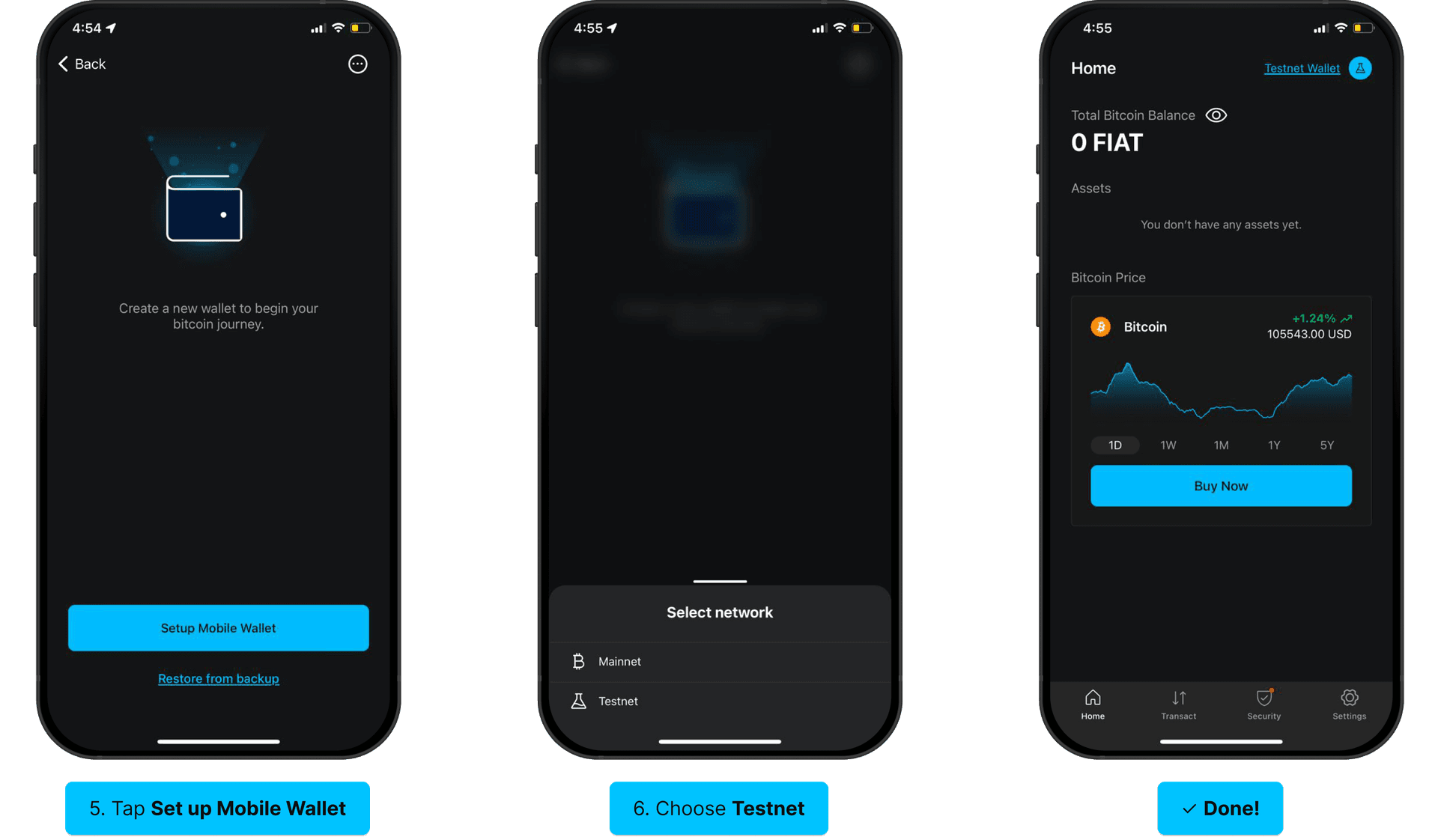 Set up testnet wallet: Wallet icon, three dots, enable testnet, set up new wallet, choose Testnet, done