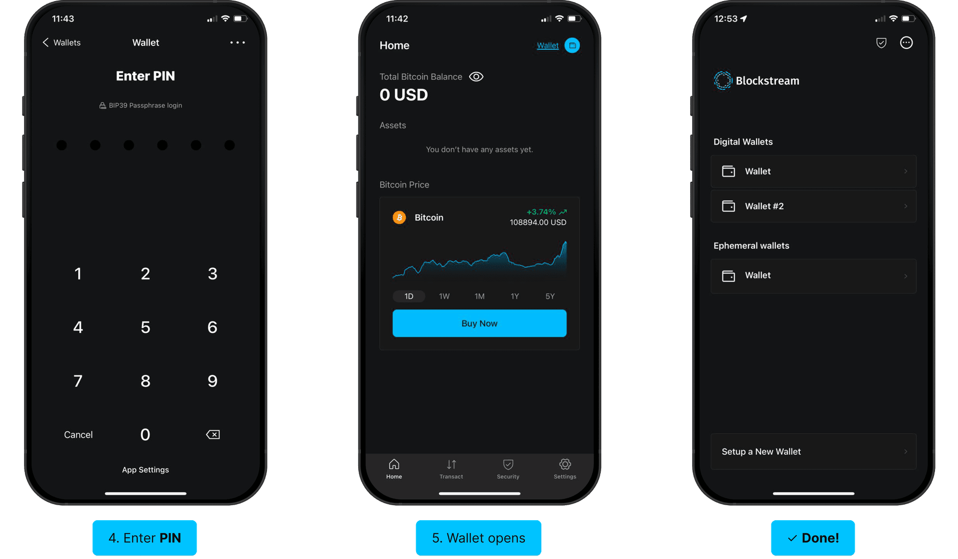 Set up a BIP39 passphrase: choose wallet, tap three dots, enter passphrase, enter PIN, wallet opens