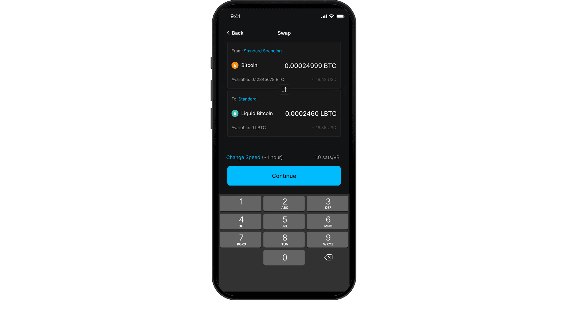 The Swap screen in the Blockstream app, showing the Change Speed control and the estimated confirmation time