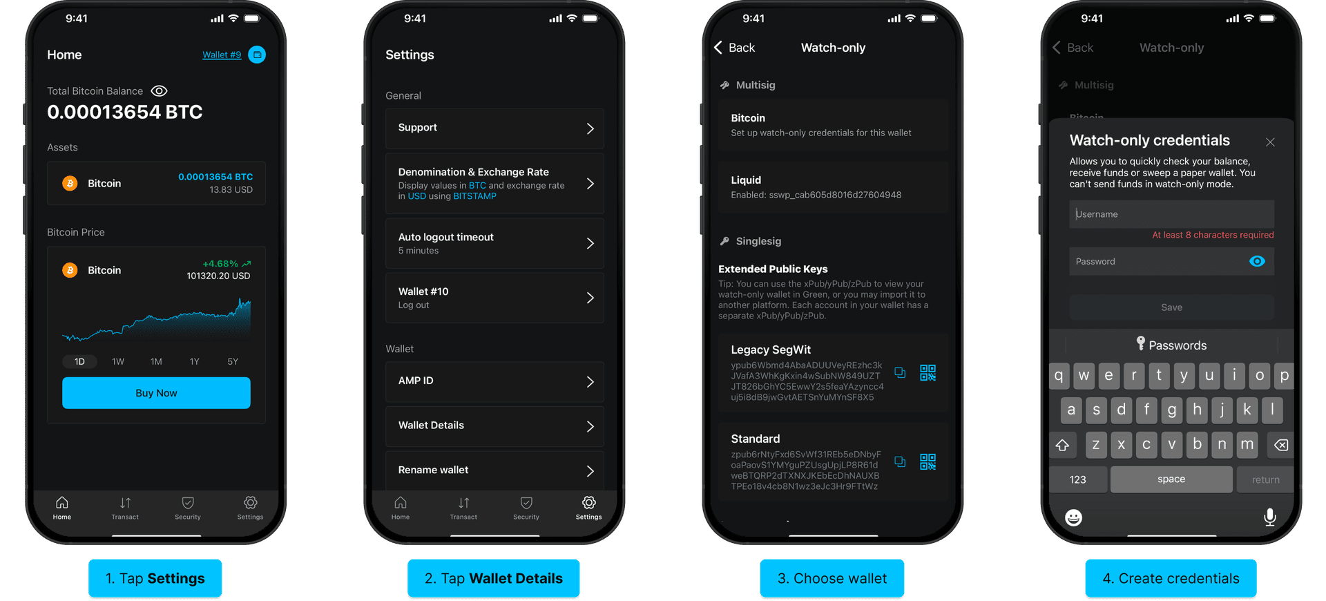 Steps 1 to 4 to set up watch-only for a 2FA account: tap Settings, tap Wallet Details, choose the wallet, create a username and password