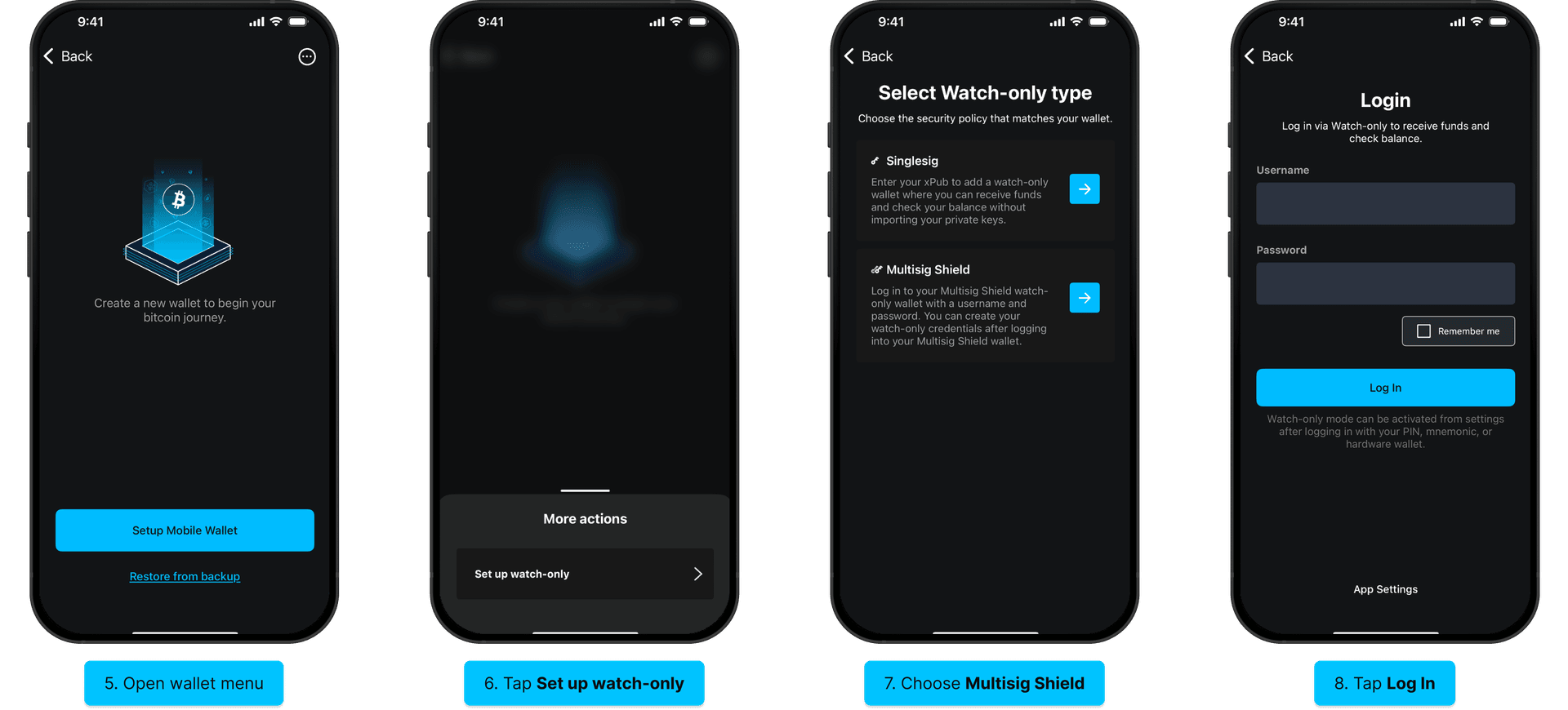 Steps 5 to 8: open the wallet list and tap the menu, tap Set up watch-only, choose Multisig Shield, enter credentials and log in