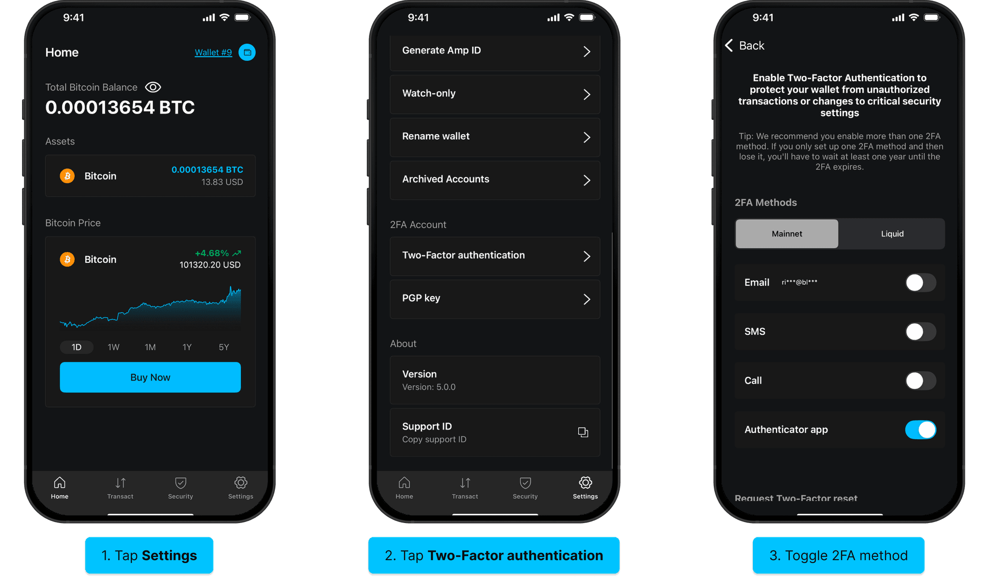 Steps to update the 2FA method in the Blockstream app: tap Settings, tap Two-Factor authentication, toggle the 2FA method