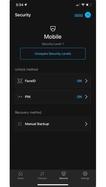 Blockstream app Security screen showing FaceID and PIN options