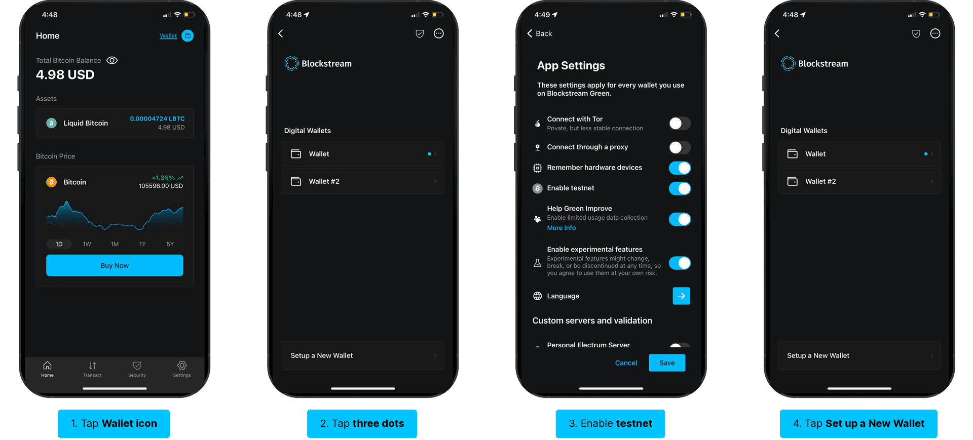 Set up testnet wallet: Wallet icon, three dots, enable testnet, set up new wallet, choose Testnet, done