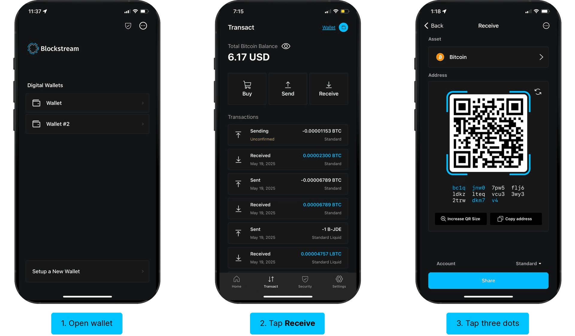 Sign message steps 1-3: open wallet, tap Receive, tap three dots