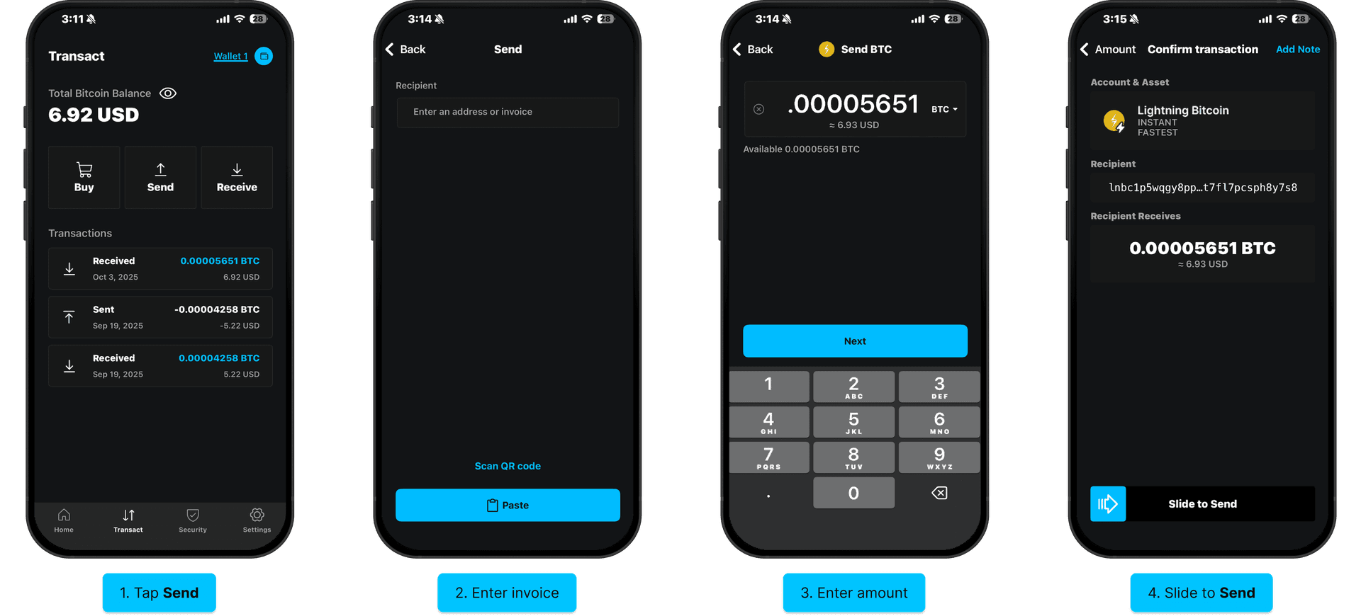 Send Lightning bitcoin: tap Send, enter invoice, enter amount, slide to Send