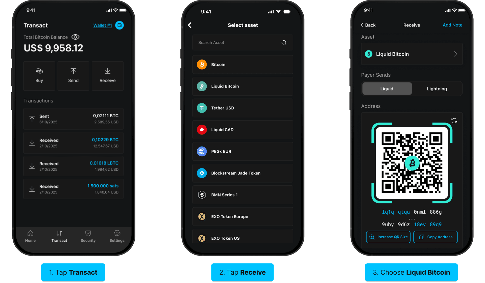 Receive LBTC via Lightning: tap Receive, choose Liquid Bitcoin, select Lightning