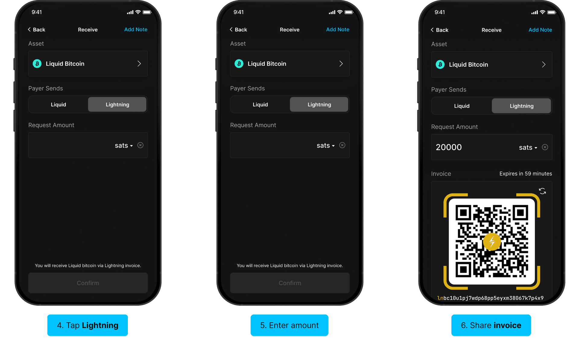 Receive LBTC via Lightning: enter amount, generate Lightning invoice