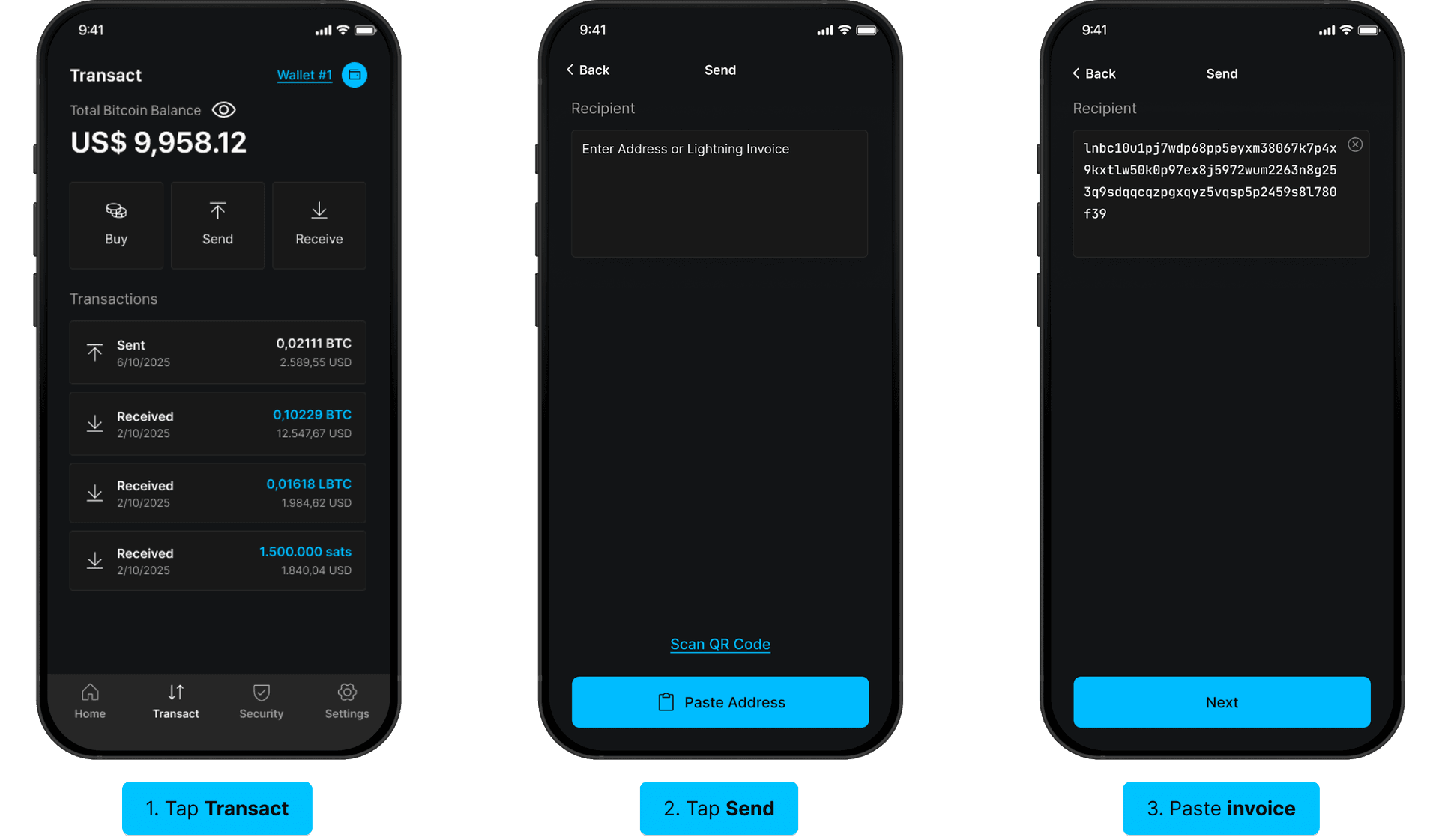 Pay Lightning invoice with LBTC: tap Send, paste invoice, select Liquid