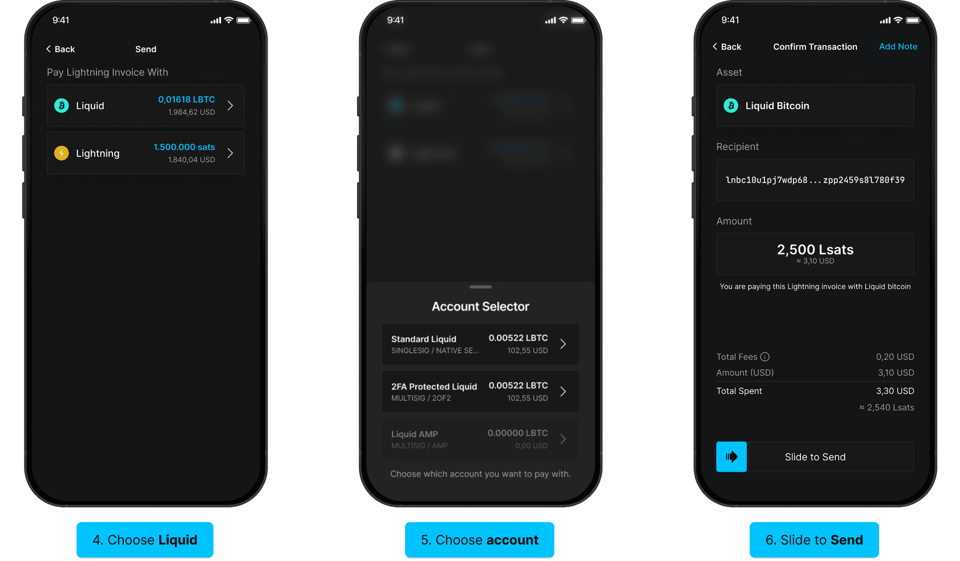 Pay Lightning invoice with LBTC: select account, confirm, slide to Send