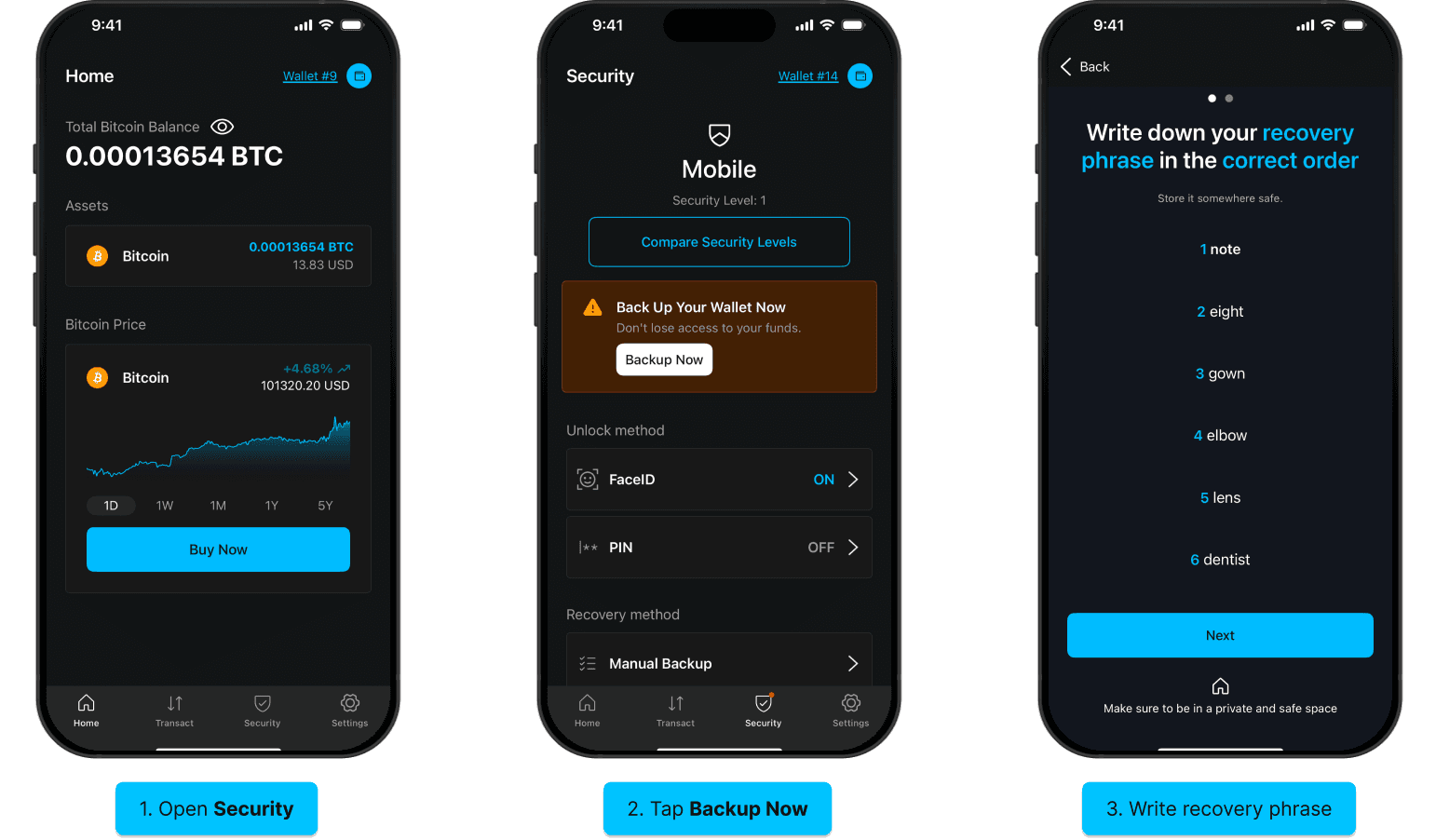 Blockstream app screens for the first steps of backing up a wallet