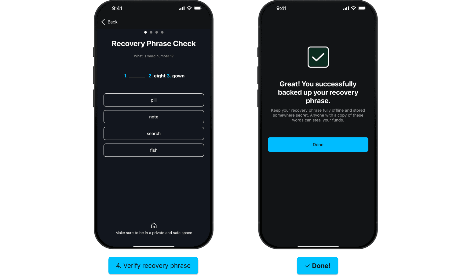 Blockstream app screens for the final steps of backing up a wallet