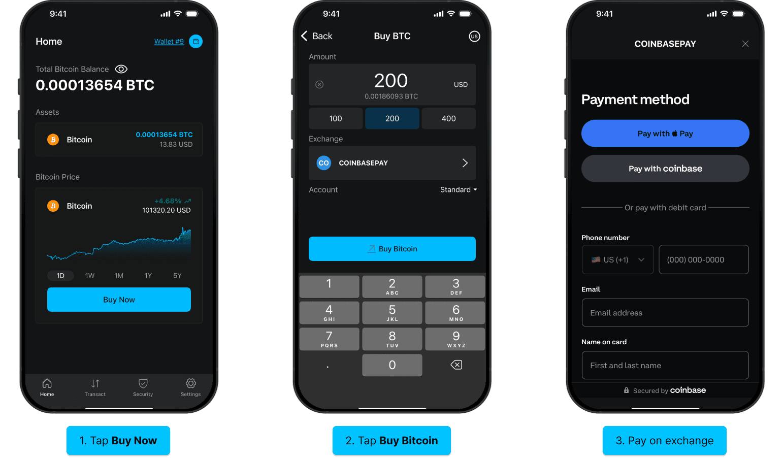 Blockstream app screens for buying bitcoin through a supported exchange