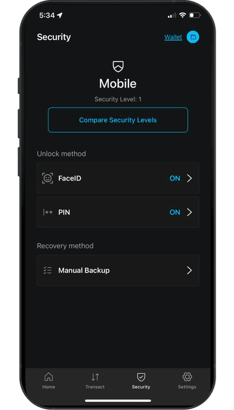 Security screen in the Blockstream app