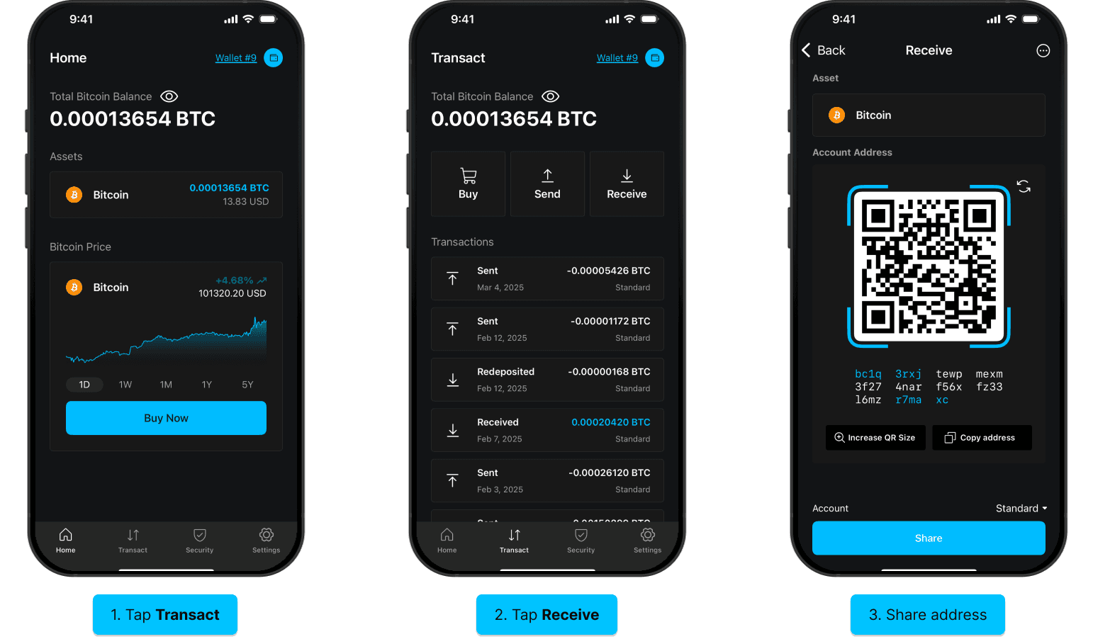 Blockstream app screens for generating a receive address