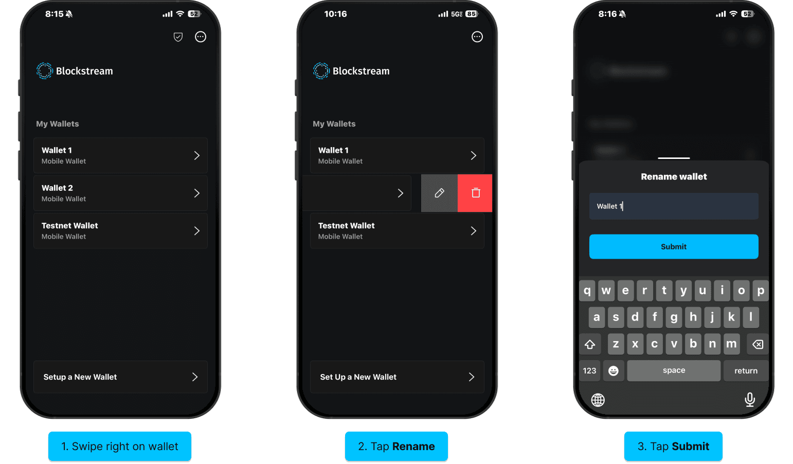 Blockstream app iOS screens for renaming a wallet