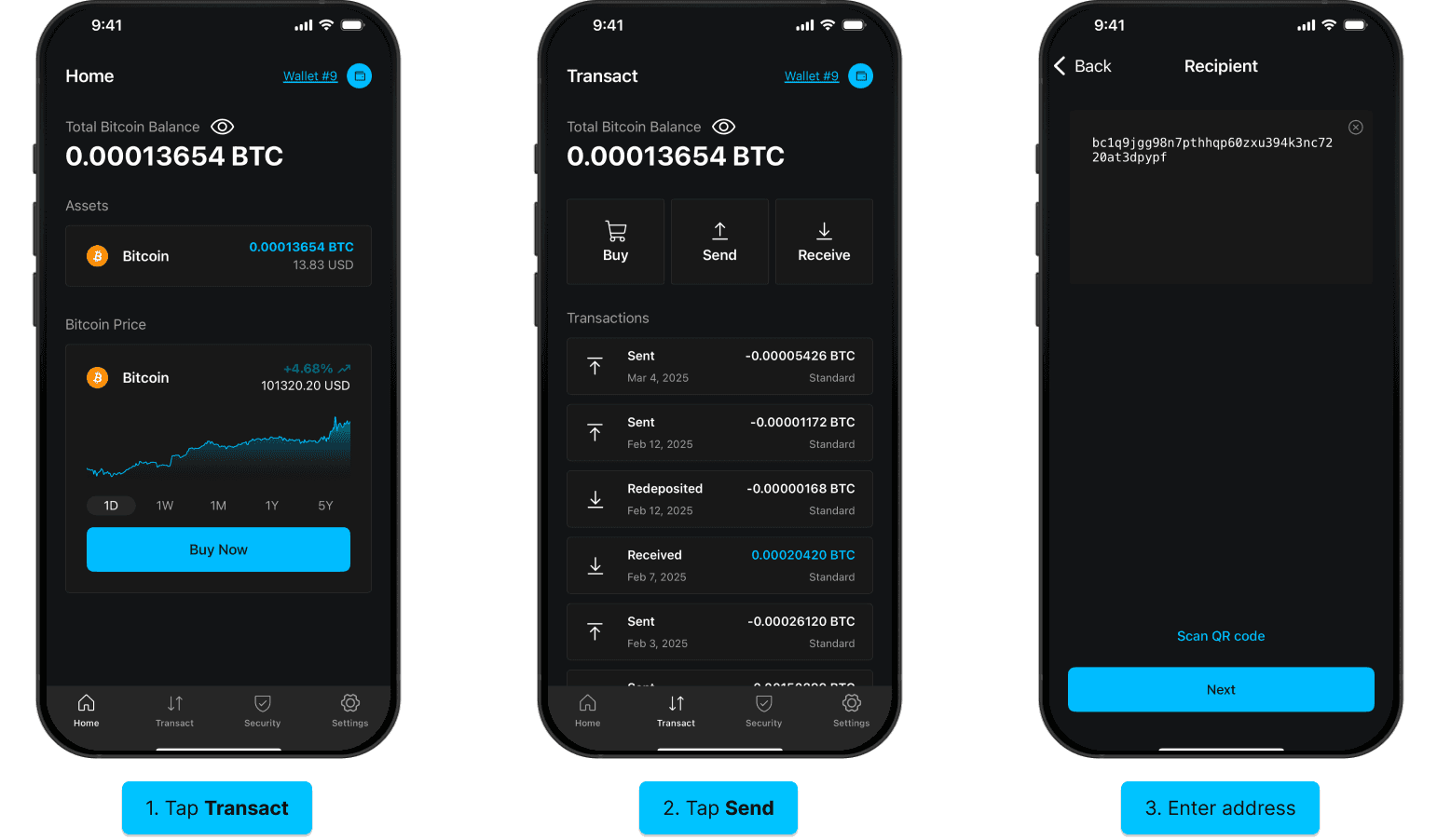 Blockstream app screens for sending bitcoin