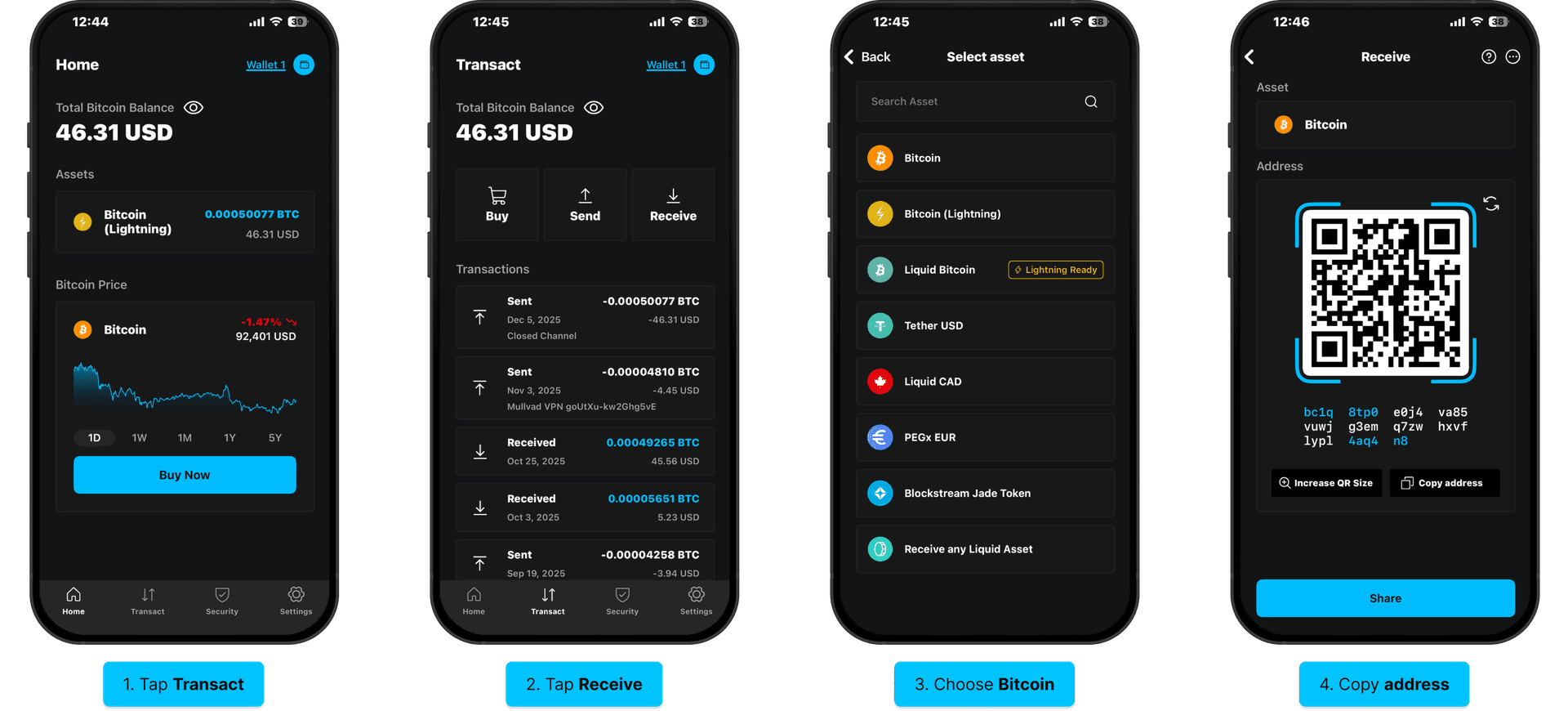 Transfer Lightning balance: receive a Bitcoin address (tap Receive, choose Bitcoin, copy address)