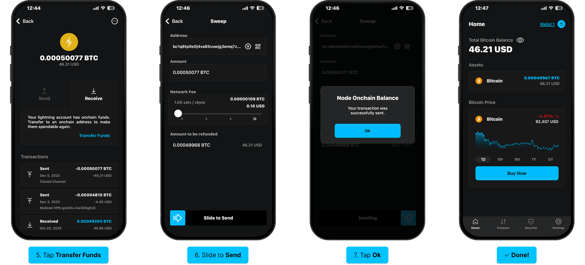 Transfer Lightning balance: tap Lightning balance, Transfer Funds, paste address, slide to Send