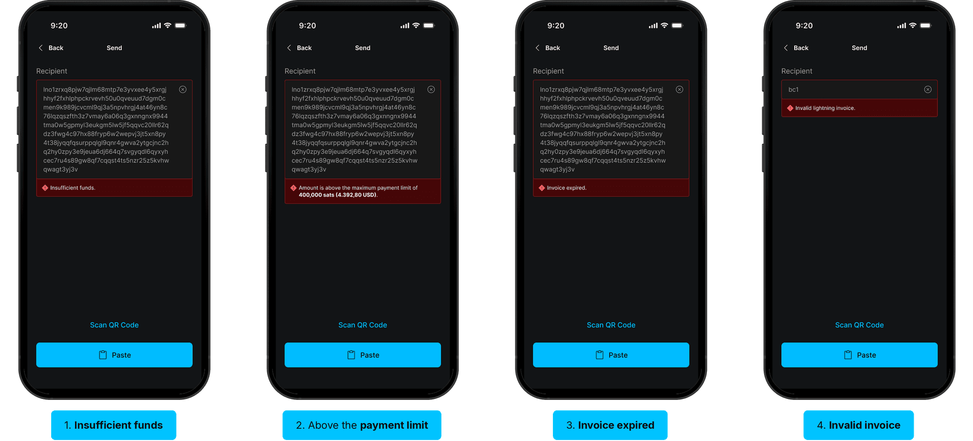 Four Lightning send errors on the Send screen: insufficient funds, above the payment limit, invoice expired, invalid invoice