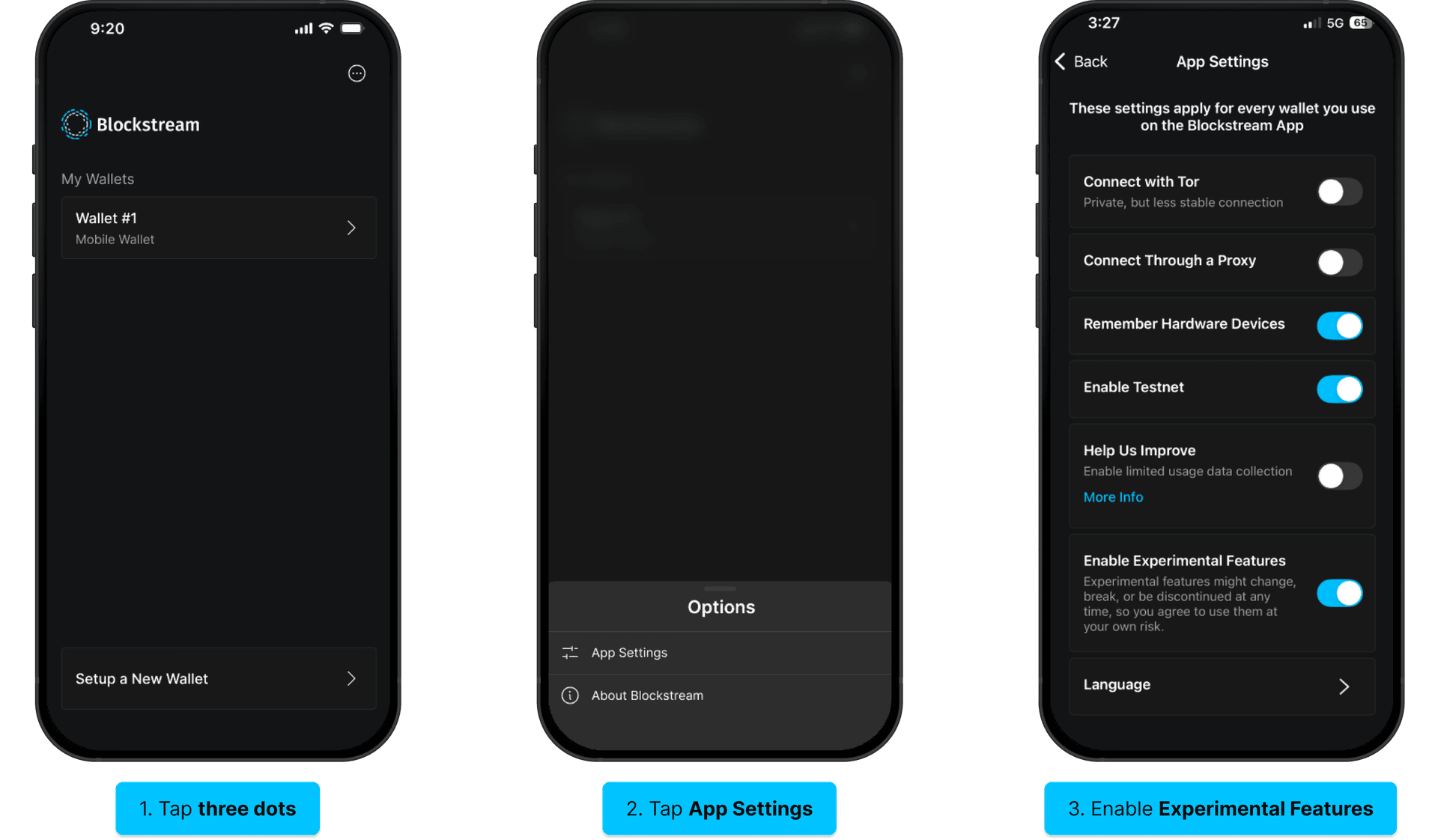 Enable Lightning (iOS): tap three dots, App Settings, Enable Experimental Features