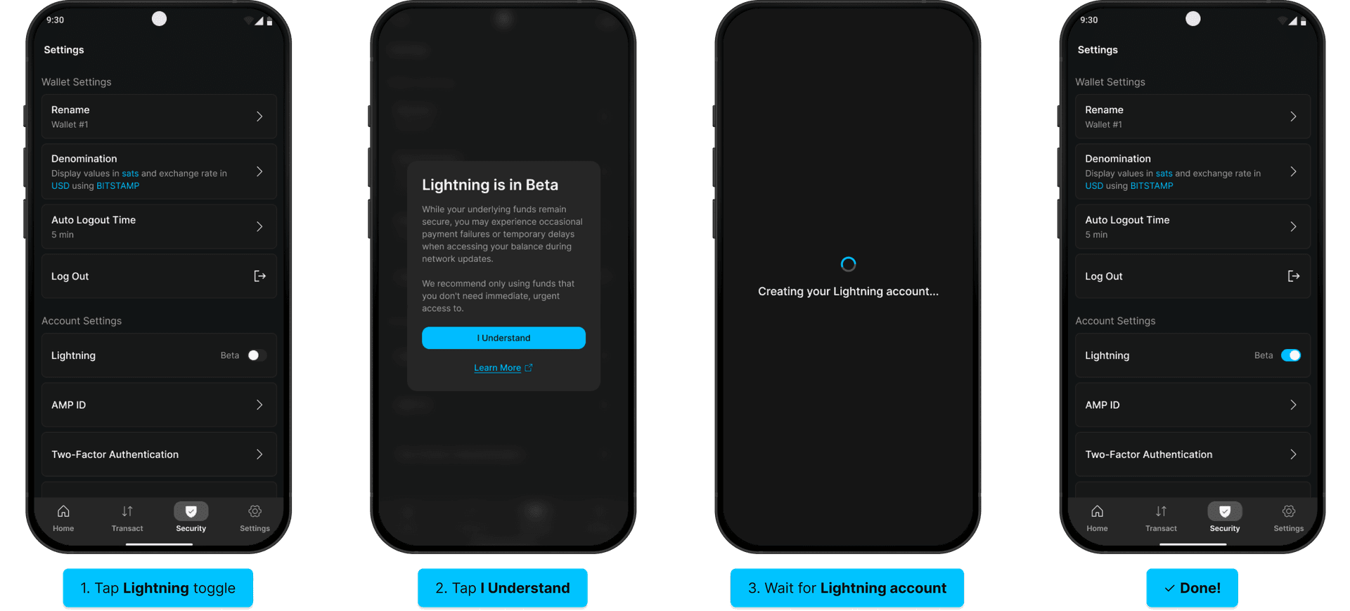 Enable Lightning (Android): Lightning toggle, I Understand, creating account, toggle on