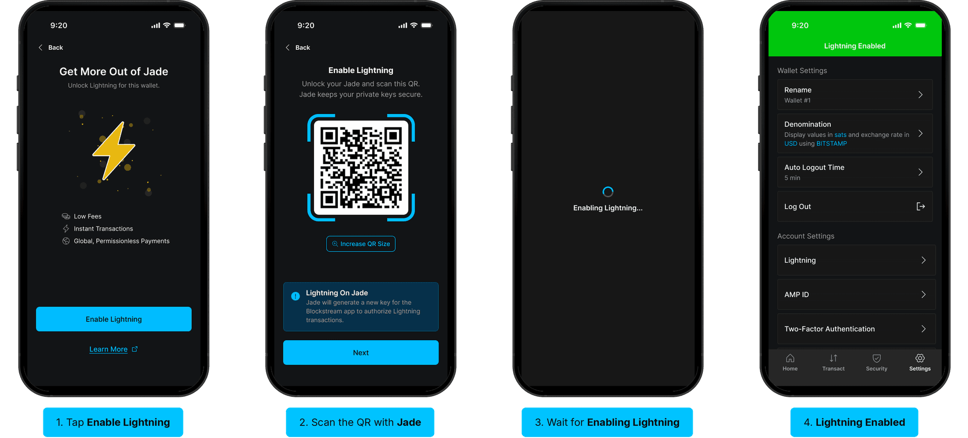 Enabling Lightning on a Jade-paired wallet: tap Enable Lightning, scan the QR with Jade, wait for Enabling Lightning, Lightning Enabled banner