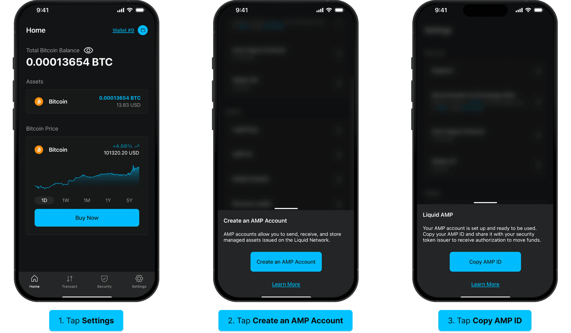 Generate AMP ID: tap Settings, tap Create an AMP Account, tap Copy AMP ID