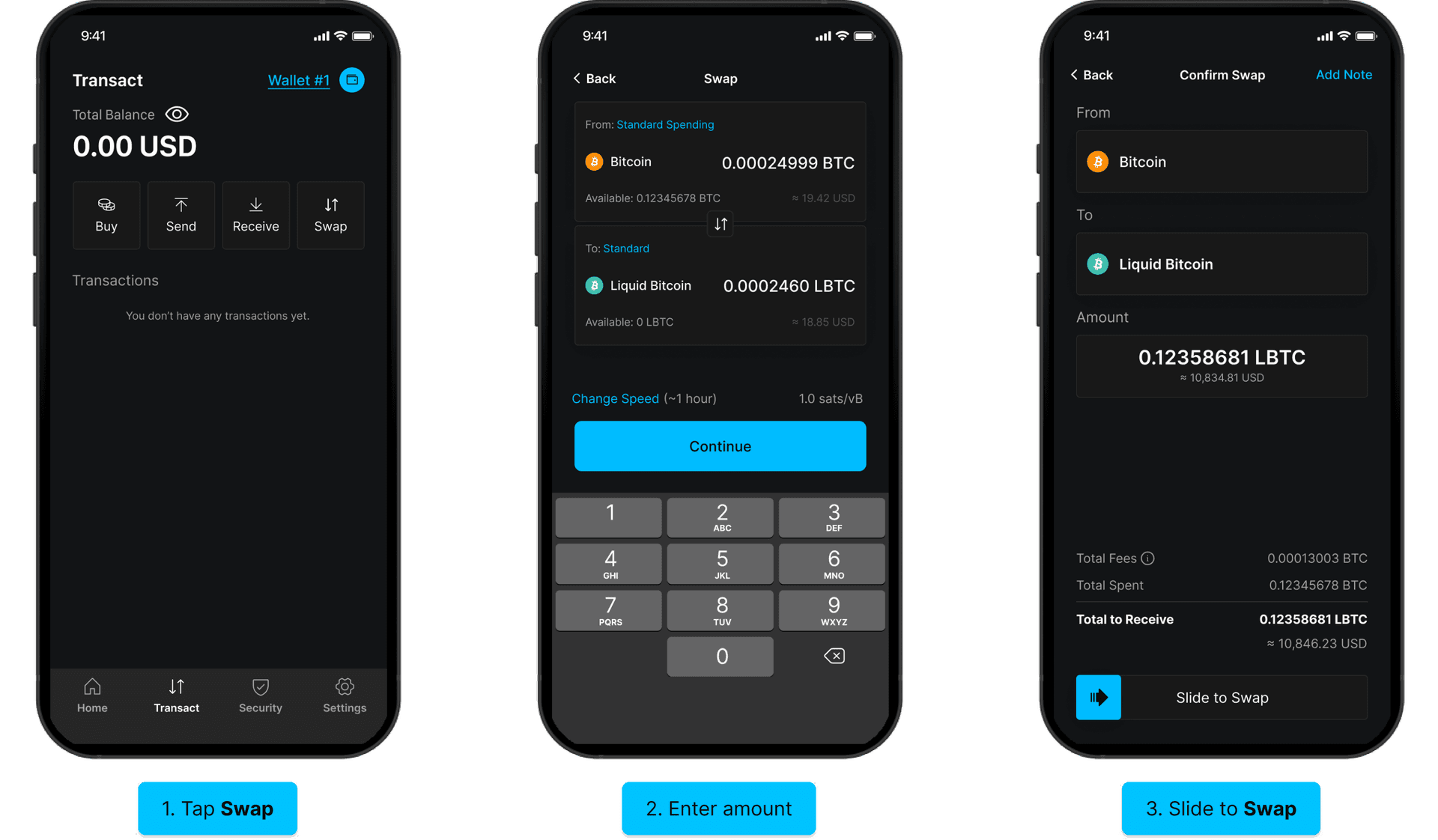 On-chain swap: tap Swap, enter amount, slide to Swap