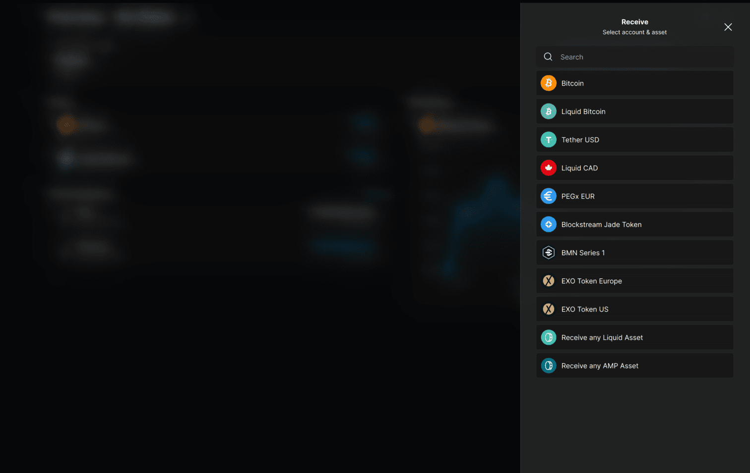Receive screen showing AMP assets and Receive any AMP Asset