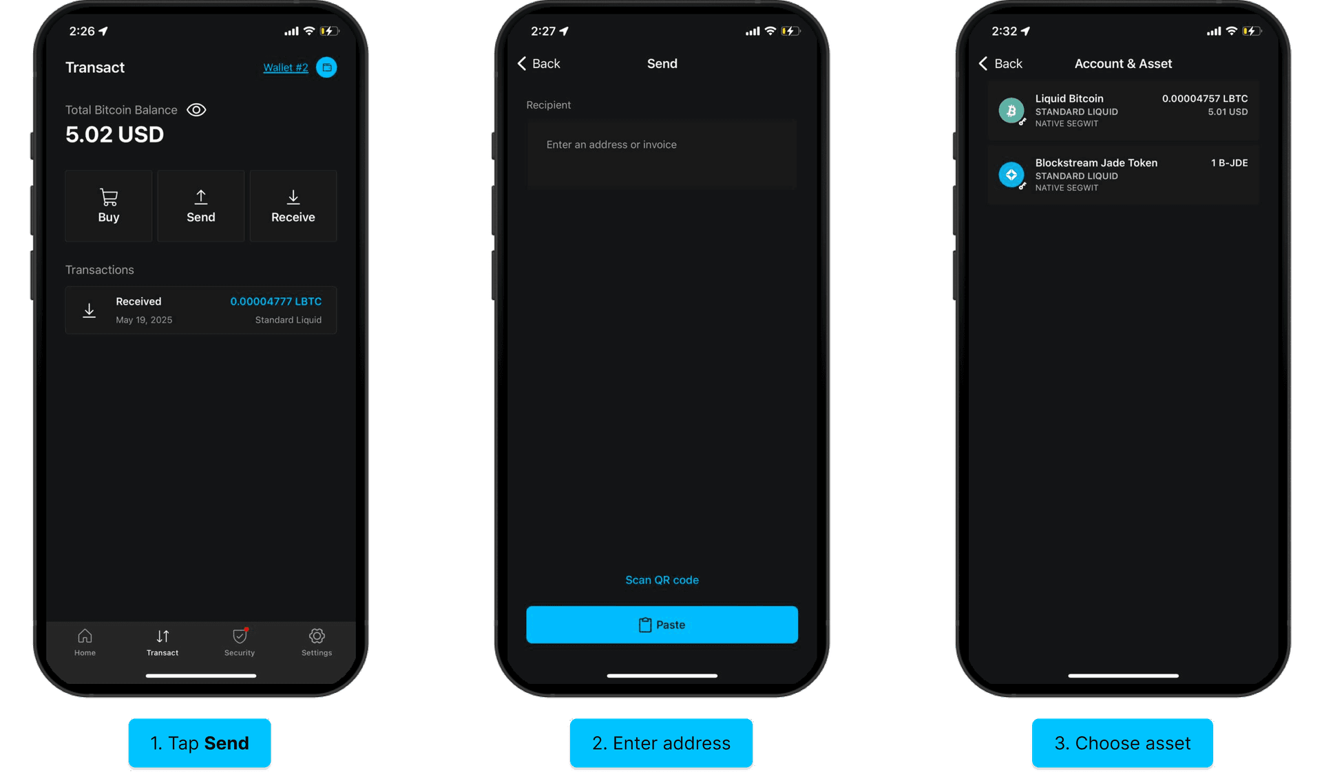 Sending Liquid assets: tap Send, enter address, choose asset