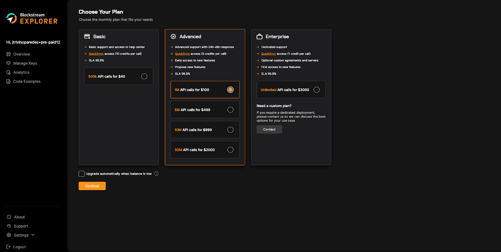 Blockstream Explorer API Choose Your Plan Page