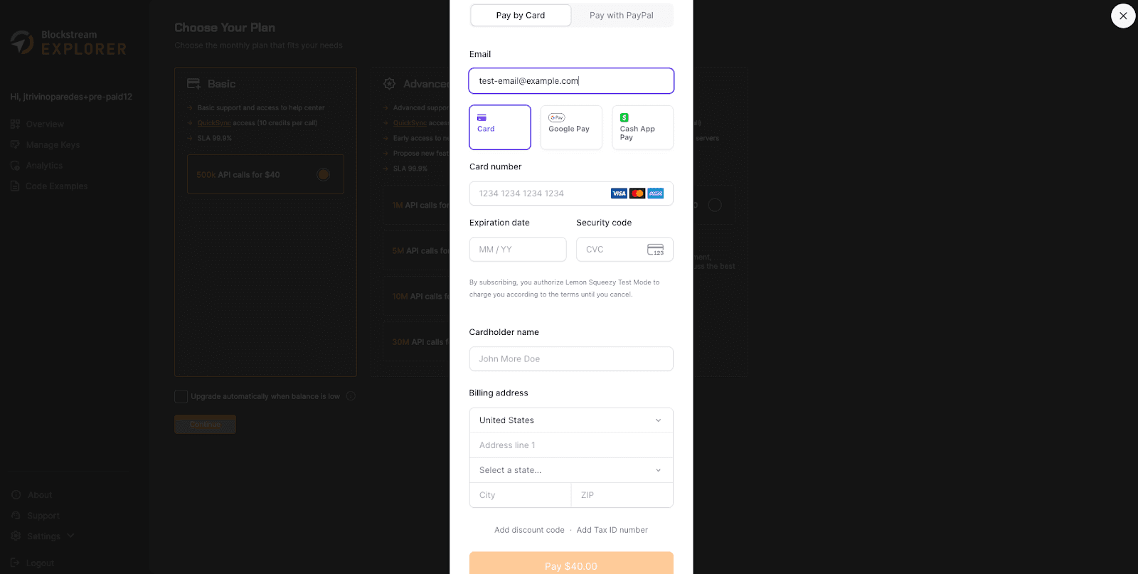 Blockstream Explorer API Lemon Squeezy Payment Overlay