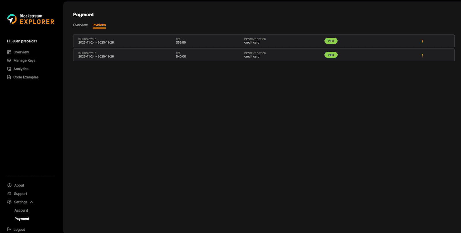 Blockstream Explorer API Payment Invoices page