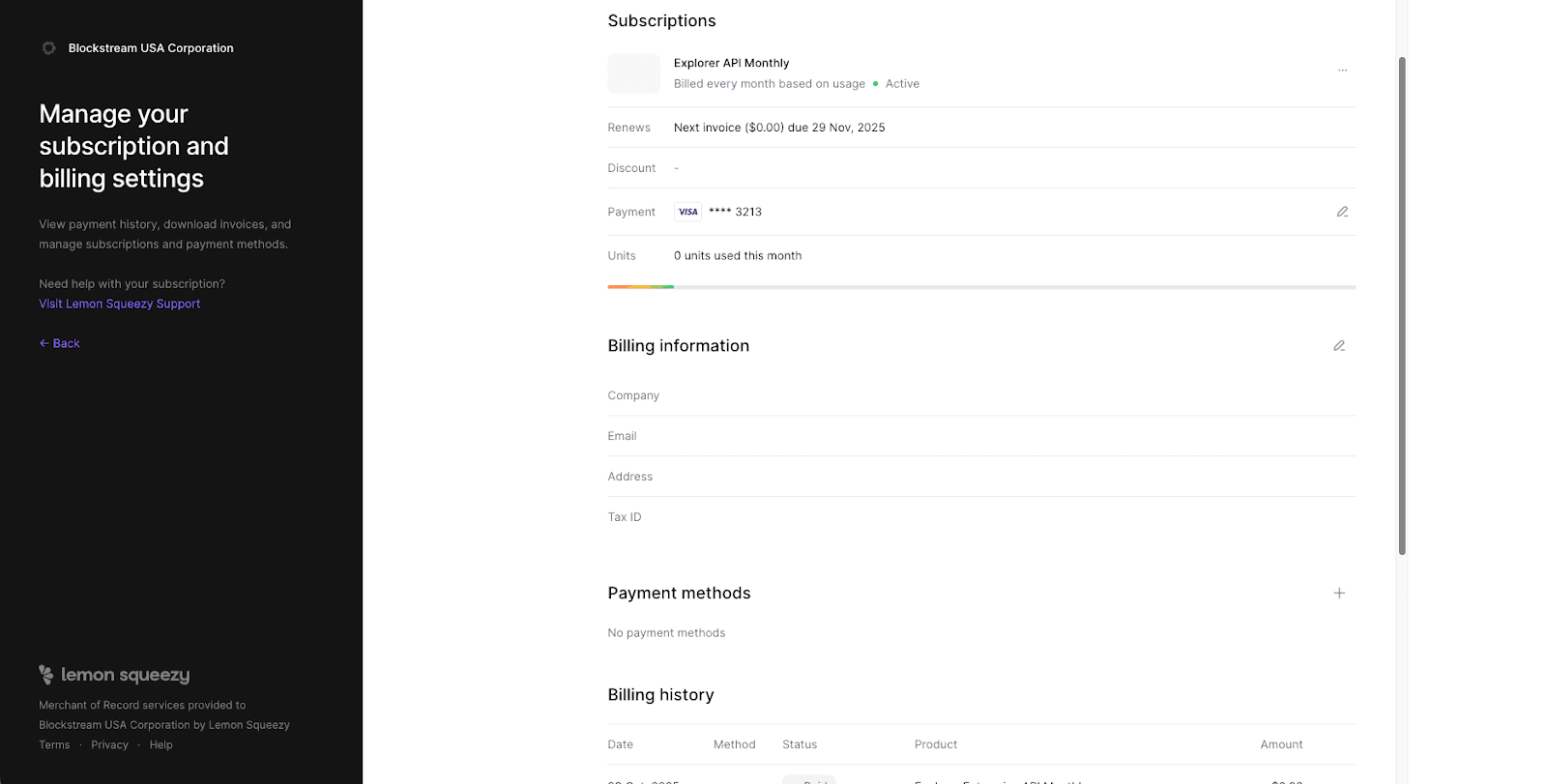Blockstream Explorer API Lemon Squeezy Portal
