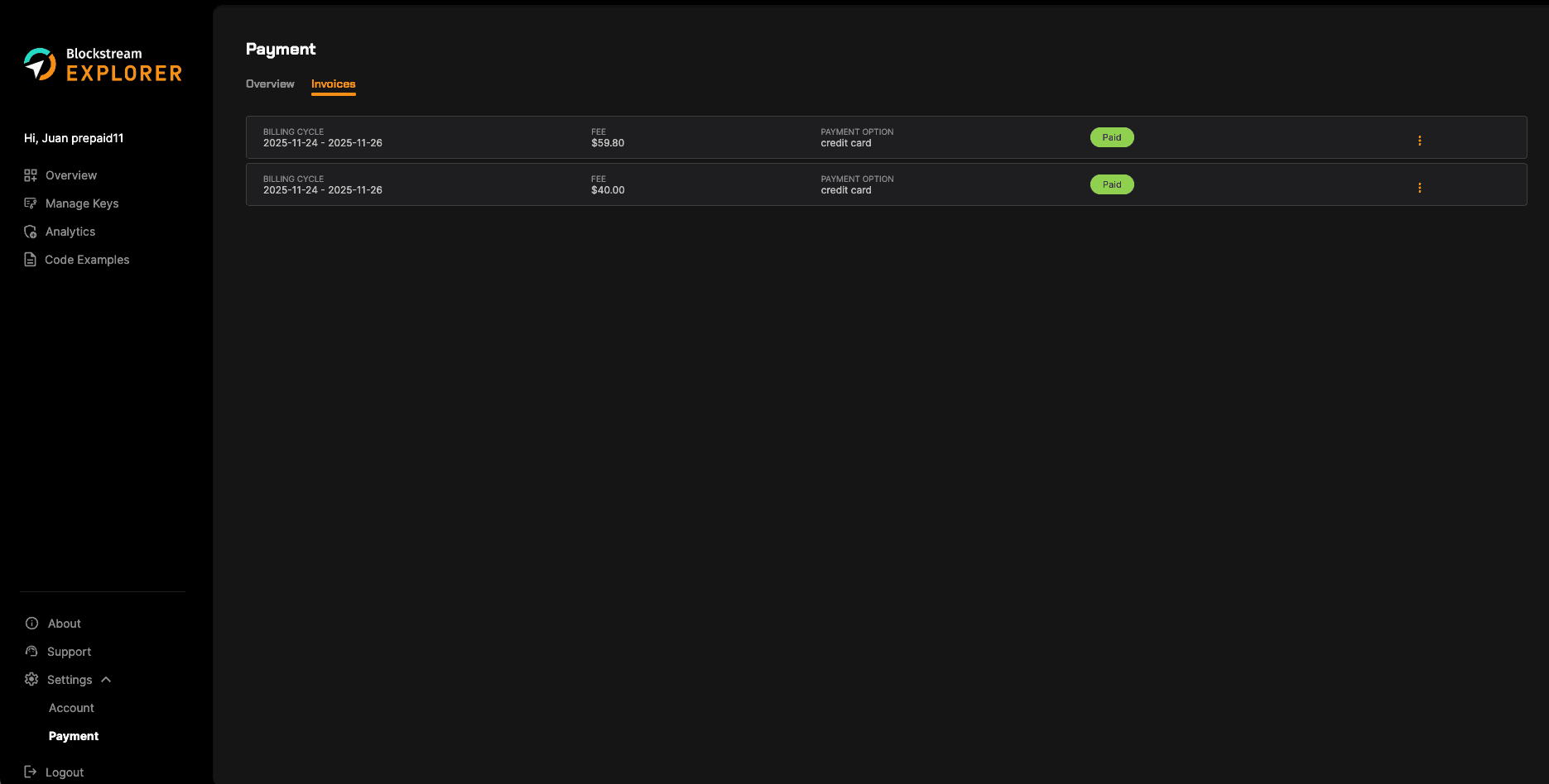 Payment invoices page in Blockstream Explorer API