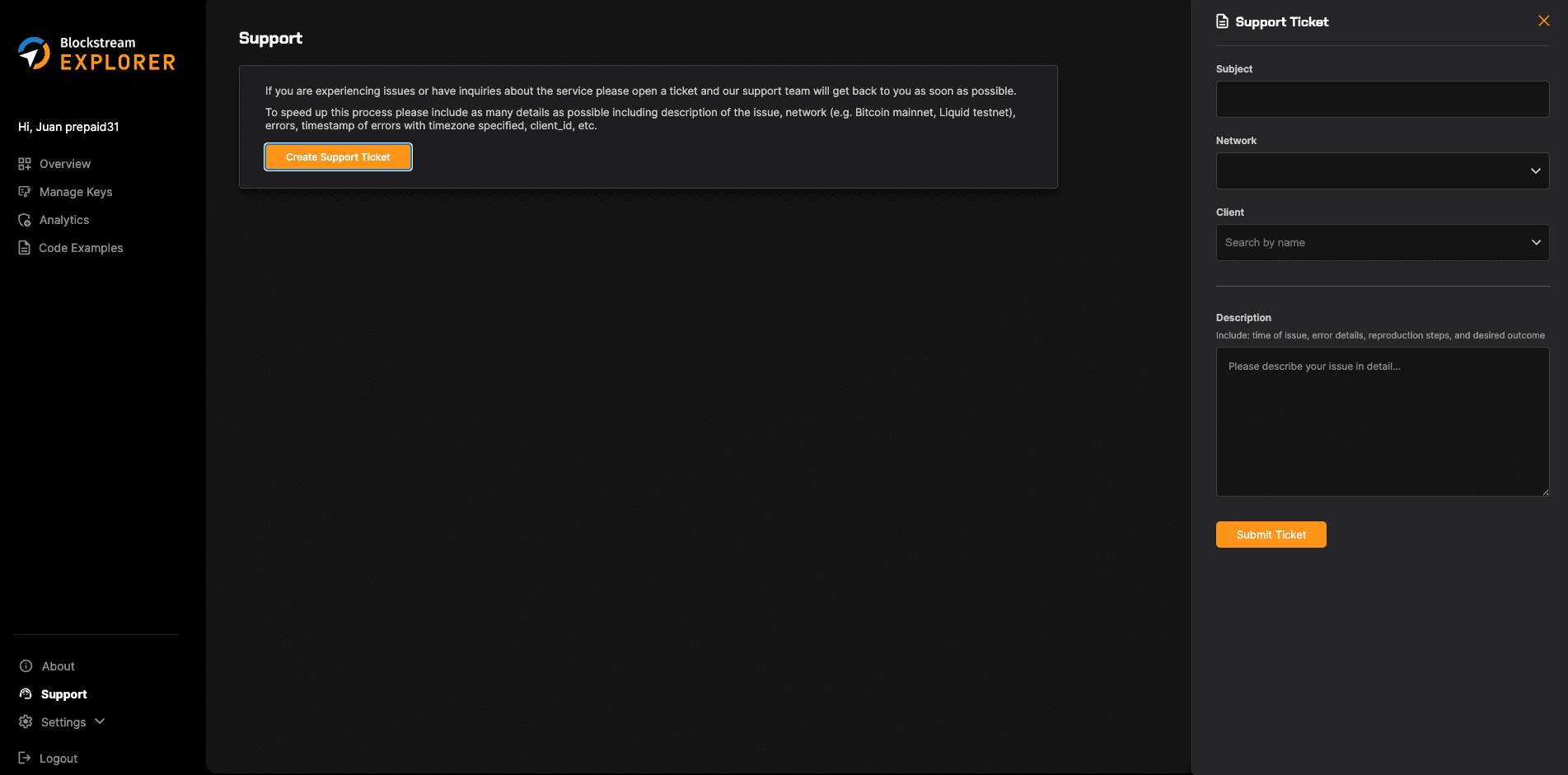 Support Ticket modal on the Blockstream Explorer API Support page