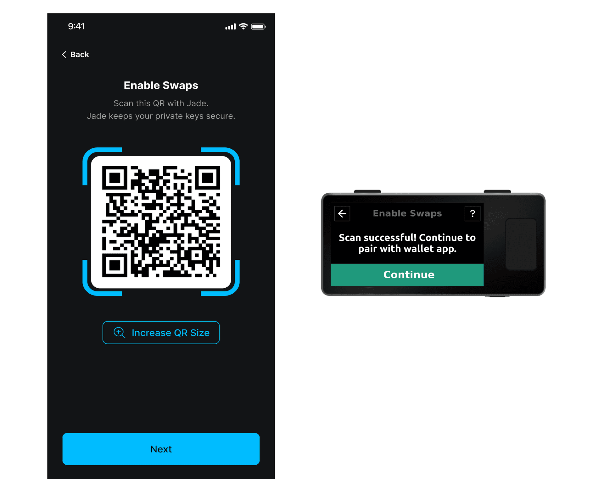 Blockstream app Enable Swaps QR screen with Jade scan successful