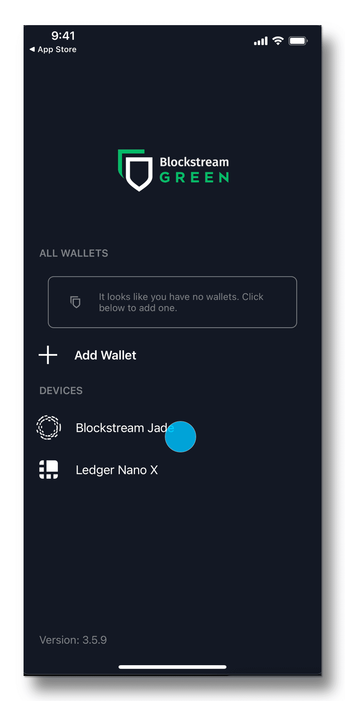Blockstream app with Blockstream Jade listed under devices