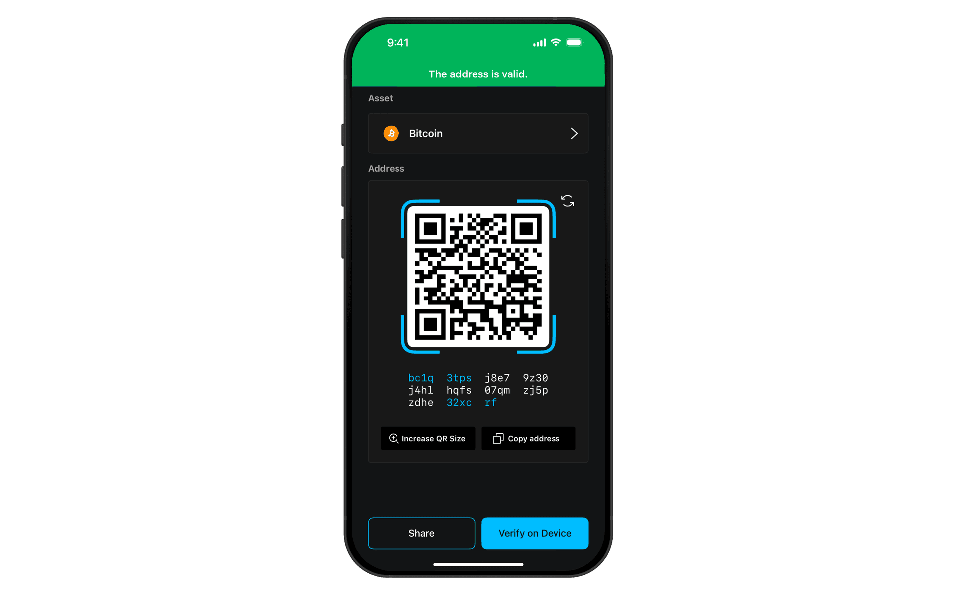Blockstream app receive screen with the checkmark to continue