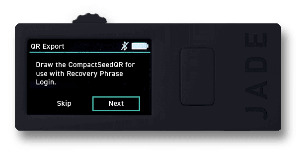 Jade prompt to export the recovery phrase as a SeedQR