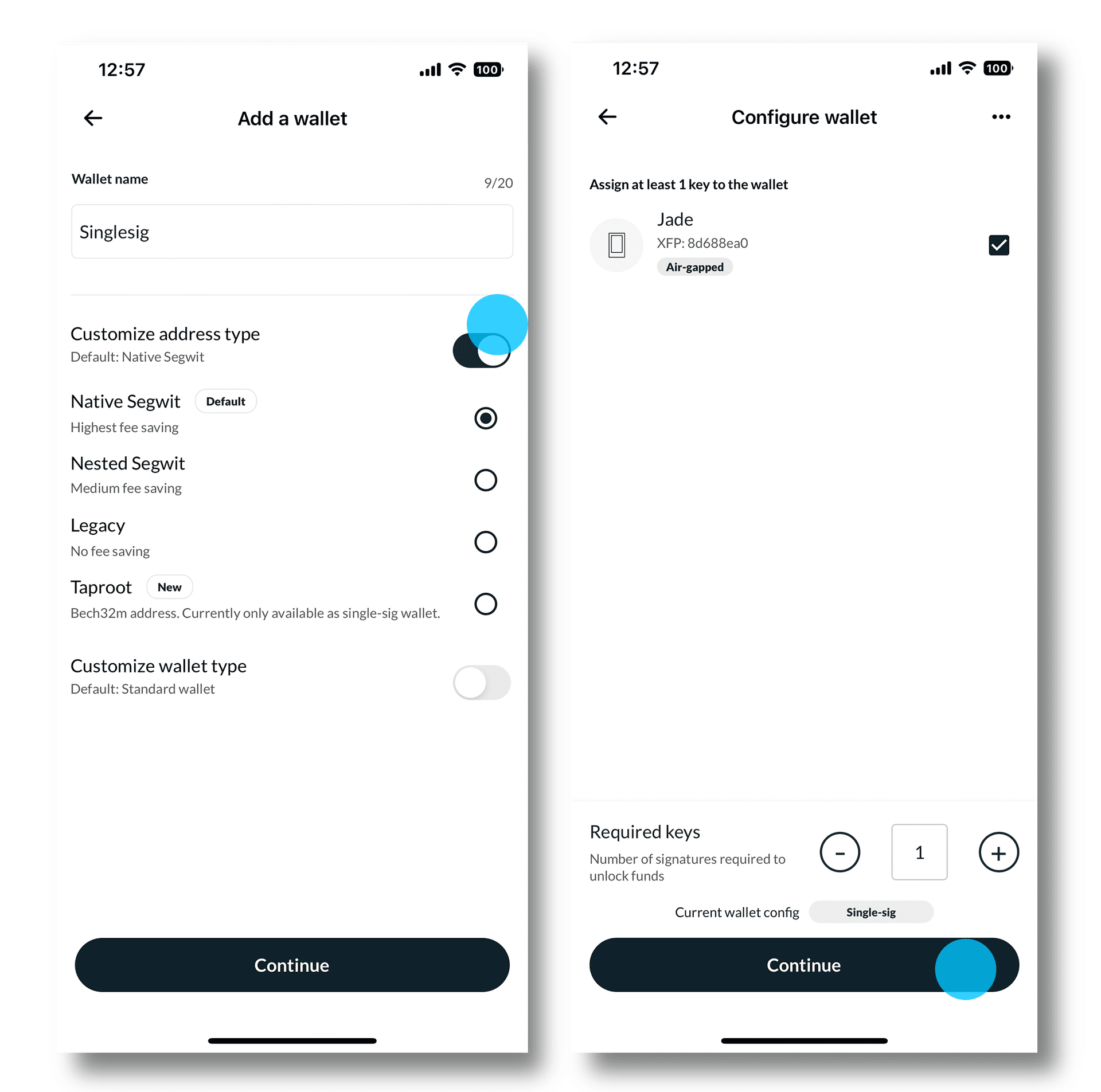 Nunchuk wallet creation showing the xpub path