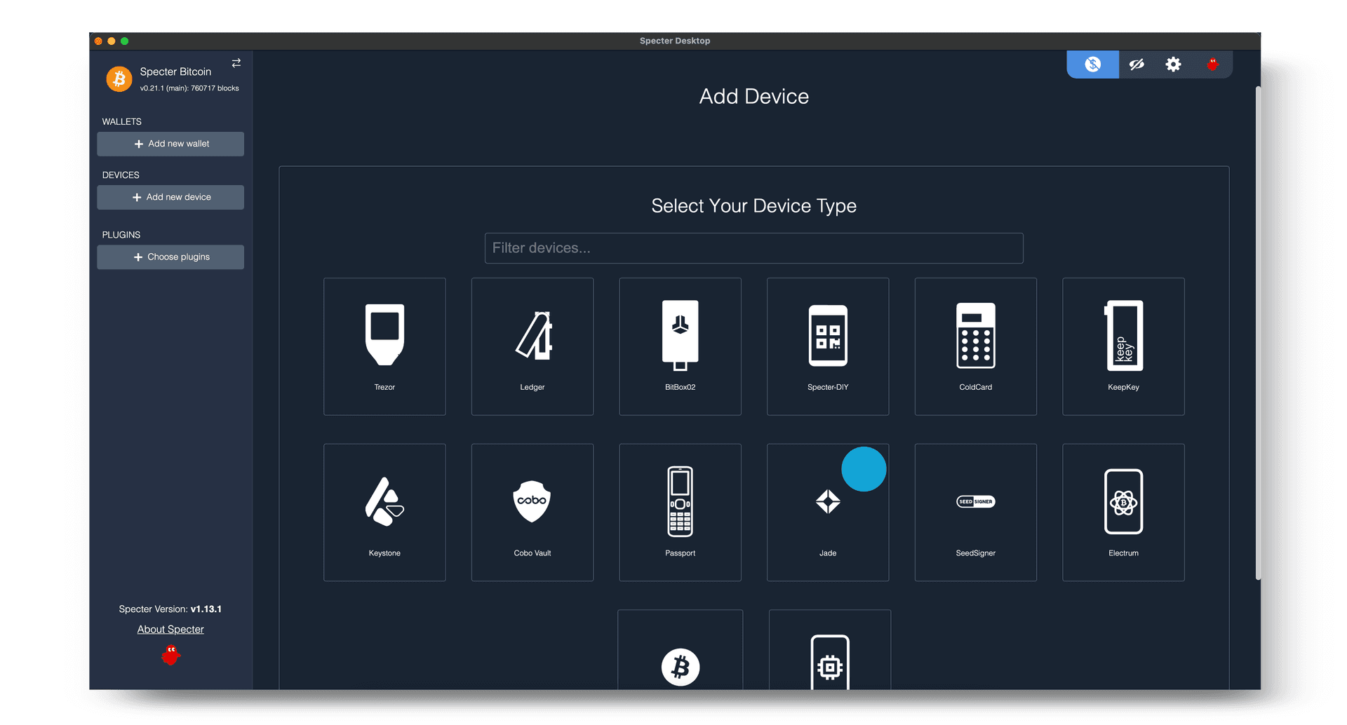 Specter add a new device with Jade selected